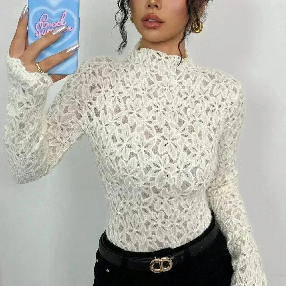 White Casual Women's Floral Patterned Stand Collar Long Sleeve Fitted Blouse - Picture 6 of 6